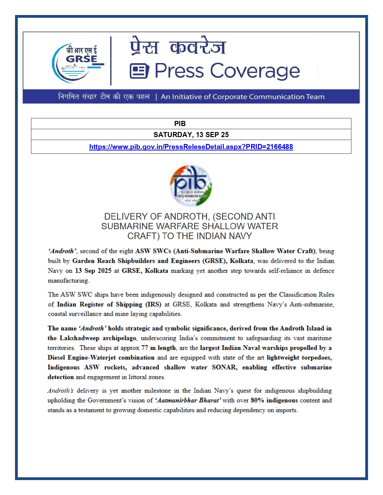 Press Coverage : 15 Sept 25:THE STATESMAN